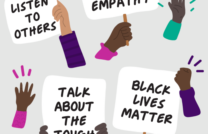 Gray image with images of hands holding up signs that say "Black Lives Matter", "Talk about the tough stuff", "Have empathy", and "Listen to others".